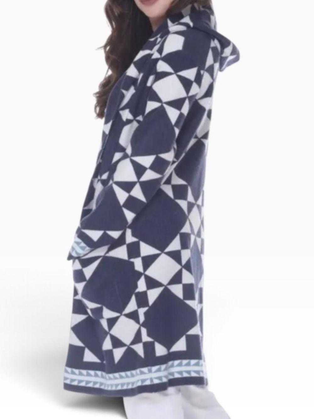 Oliver O Hooded Geometric Navy and White Sweater XL NWT